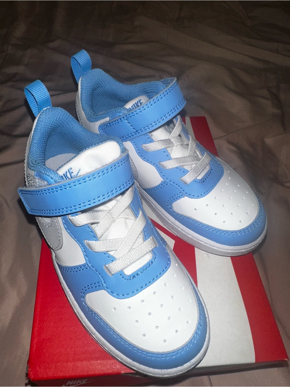 Nike Kids White and Light Blue Hook-and-Loop Sneakers